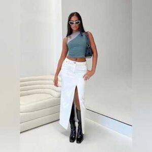 Lioness White Denim Midi Skirt with Front Thigh Slit